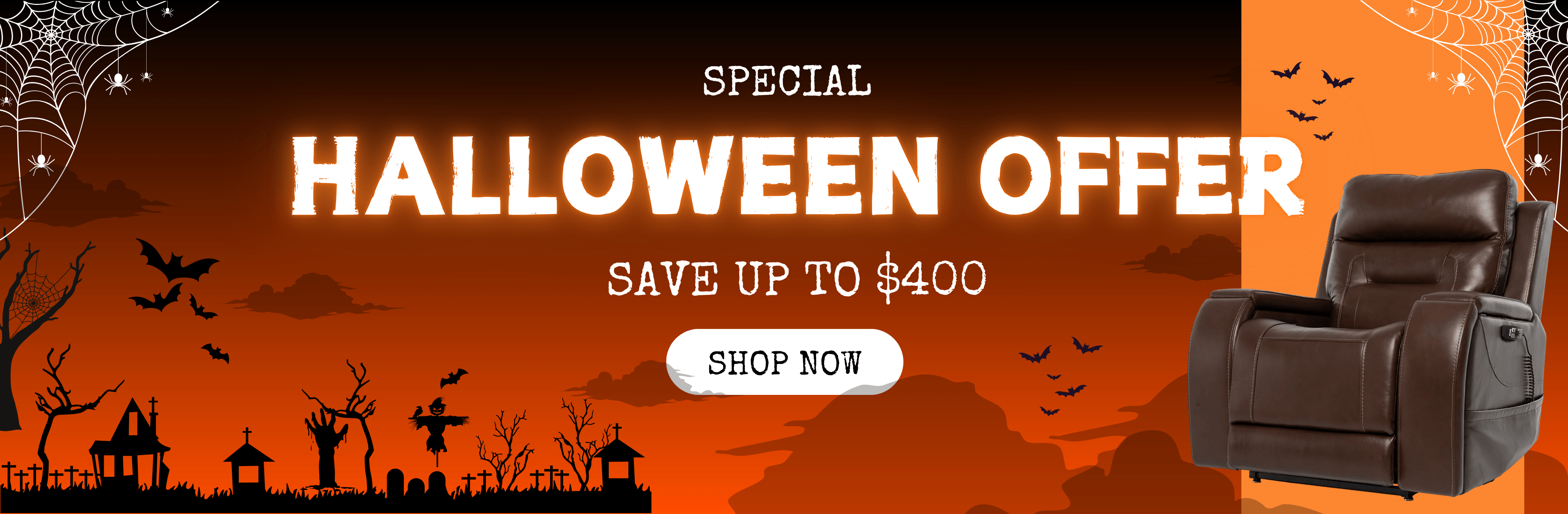 Special Halloween Offer banner on MedEmp.com offering up to $400 savings on mobility and comfort seating, featuring a brown electric recliner.