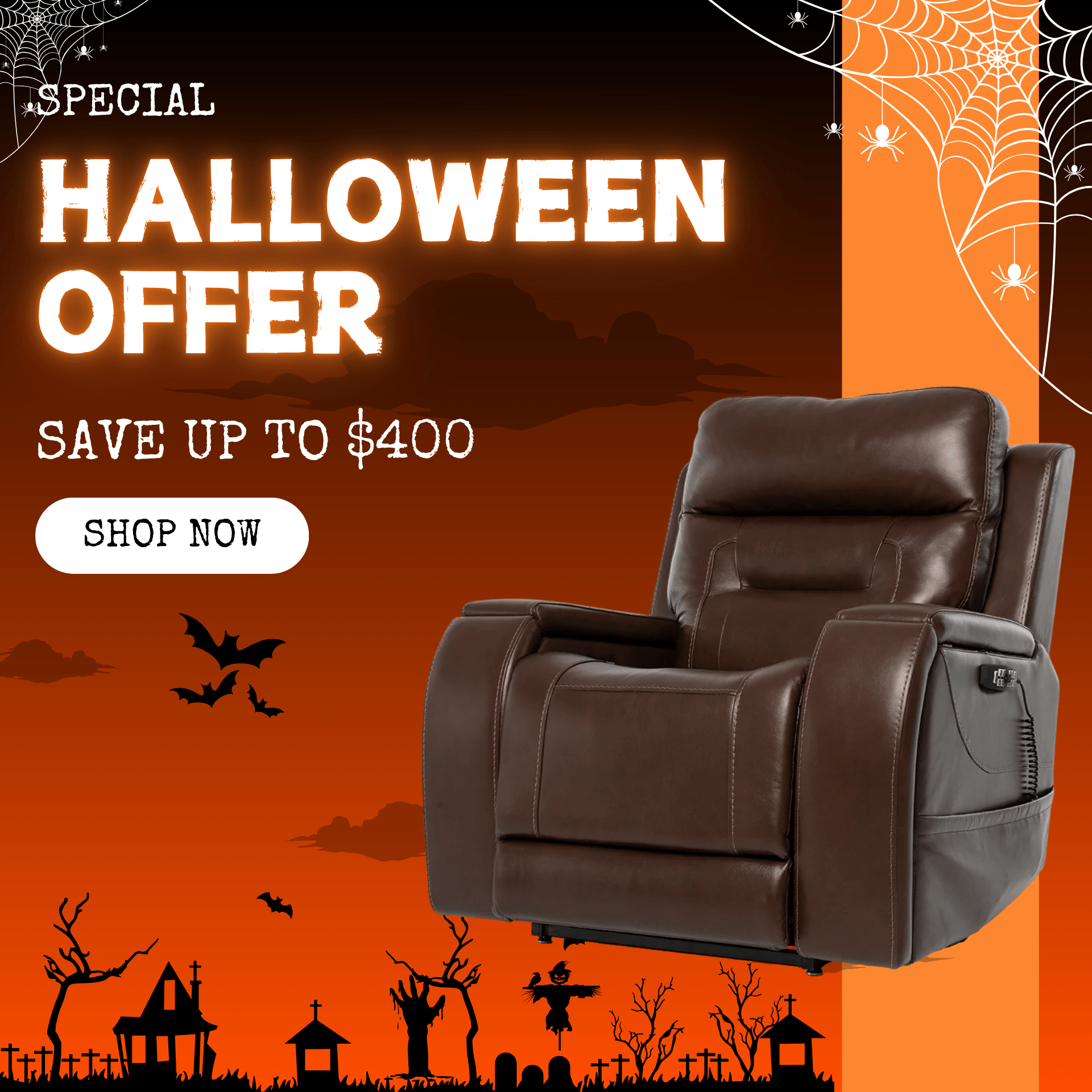 Special Halloween Offer banner on MedEmp.com offering up to $400 savings on mobility and comfort seating, featuring a brown electric recliner.