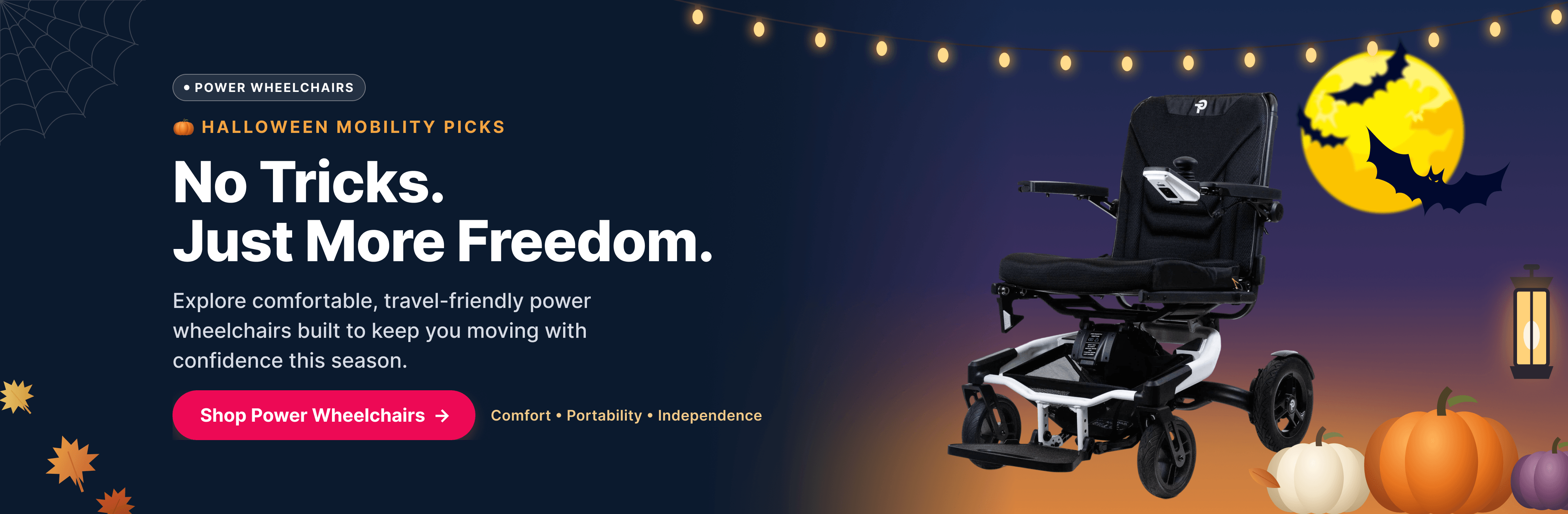 Halloween mobility banner featuring a portable power wheelchair with pumpkins, warm lights and seasonal décor from MedEmp.