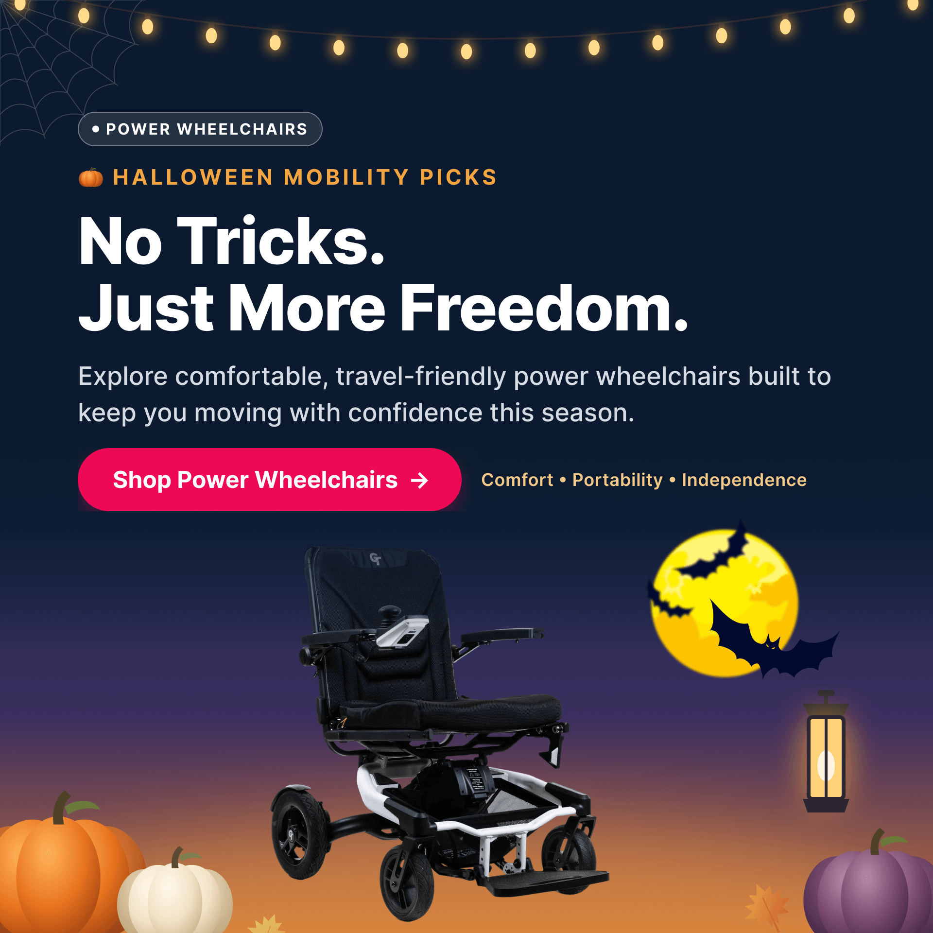 Halloween mobility banner featuring a portable power wheelchair with pumpkins, warm lights and seasonal décor from MedEmp.