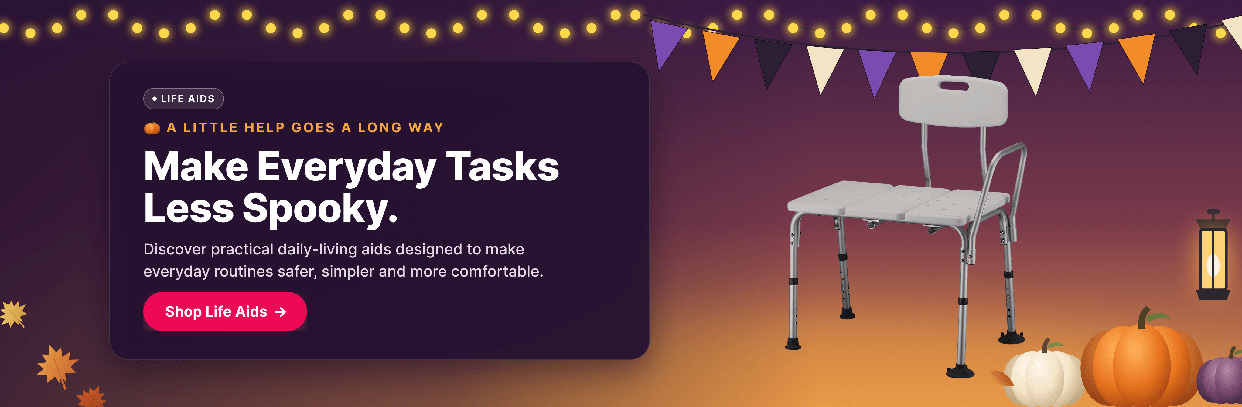 Halloween Life Aids banner featuring a supportive shower chair with pumpkins, string lights and warm seasonal décor from MedEmp.