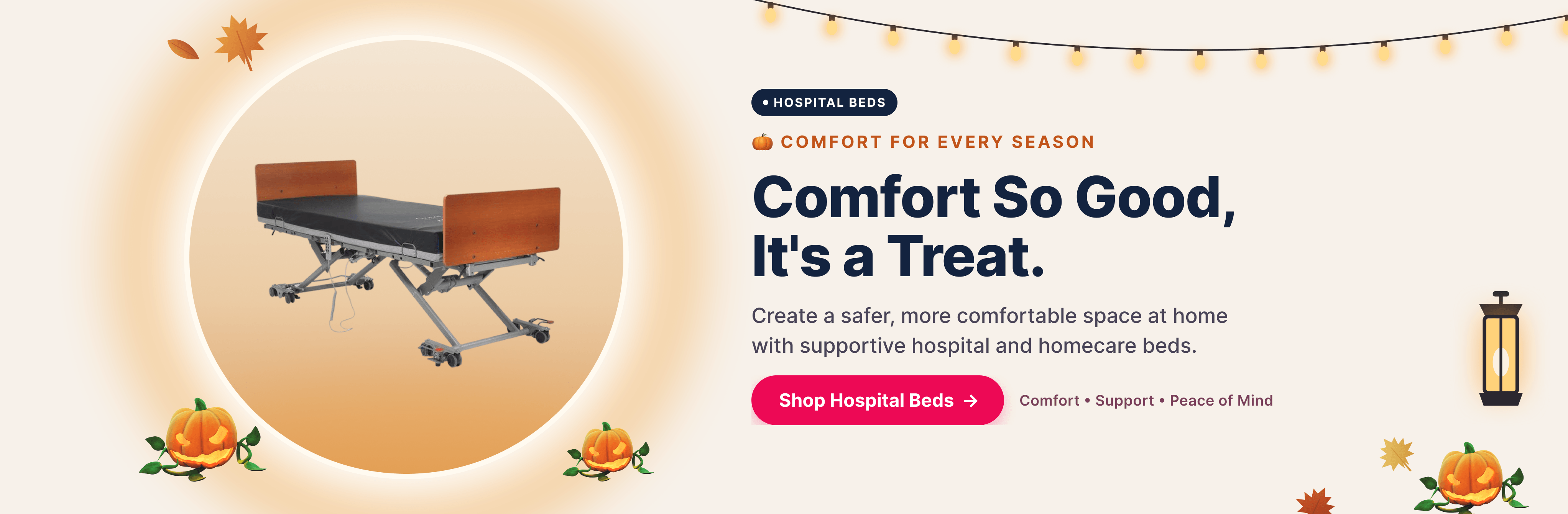 Halloween hospital bed banner featuring an adjustable homecare bed with pumpkins and warm autumn décor from MedEmp.